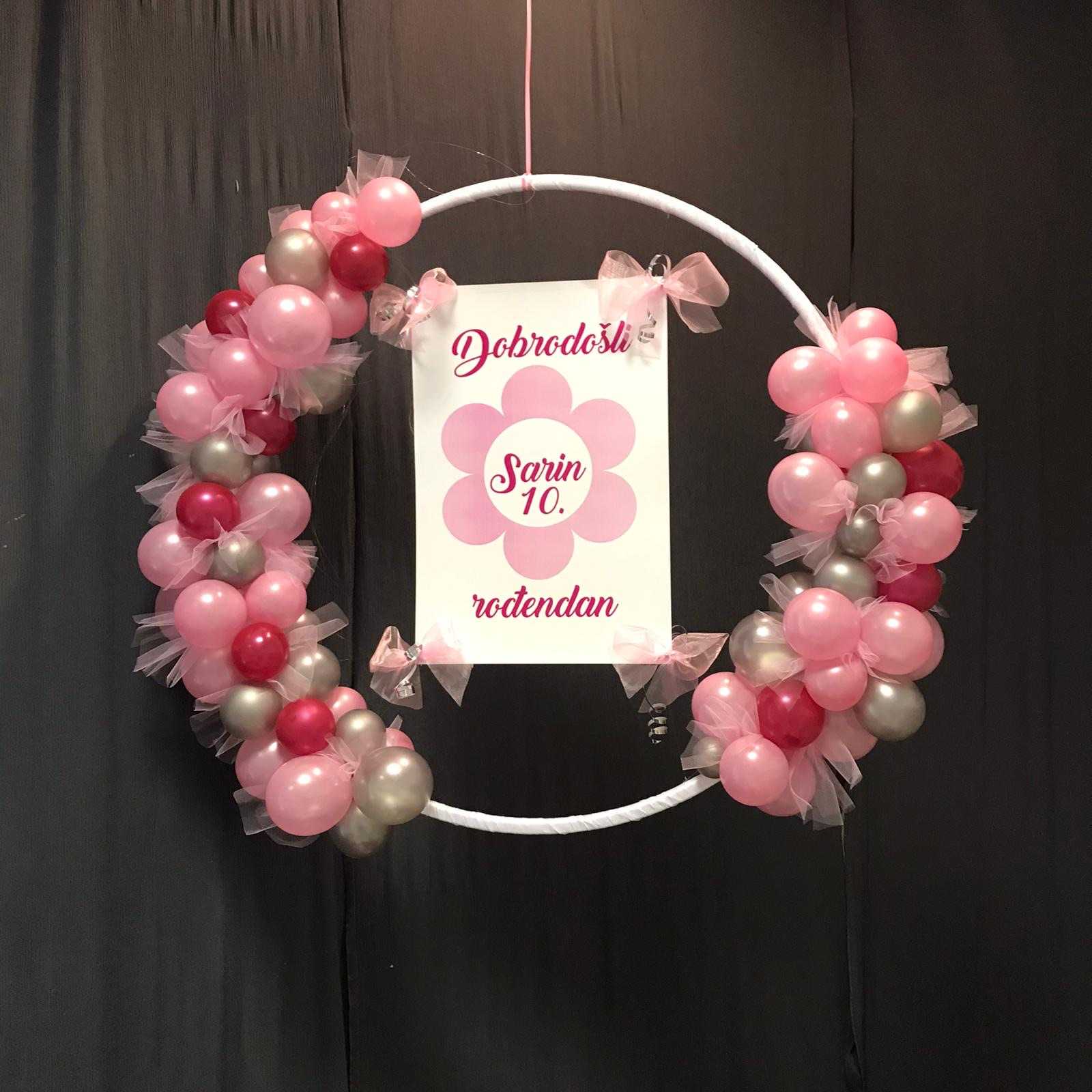 Ein kreisförmiges Schild dekoriert mit Ballons in Wien.