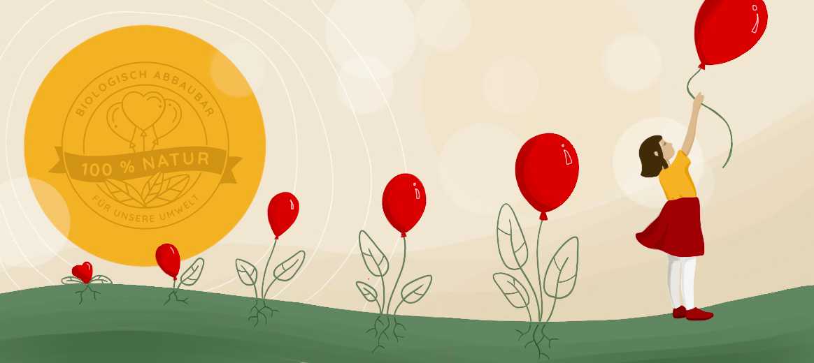 Eine Frau zieht in Wien an einer Schnur von Ballons mit Pflanzen auf dem Boden.